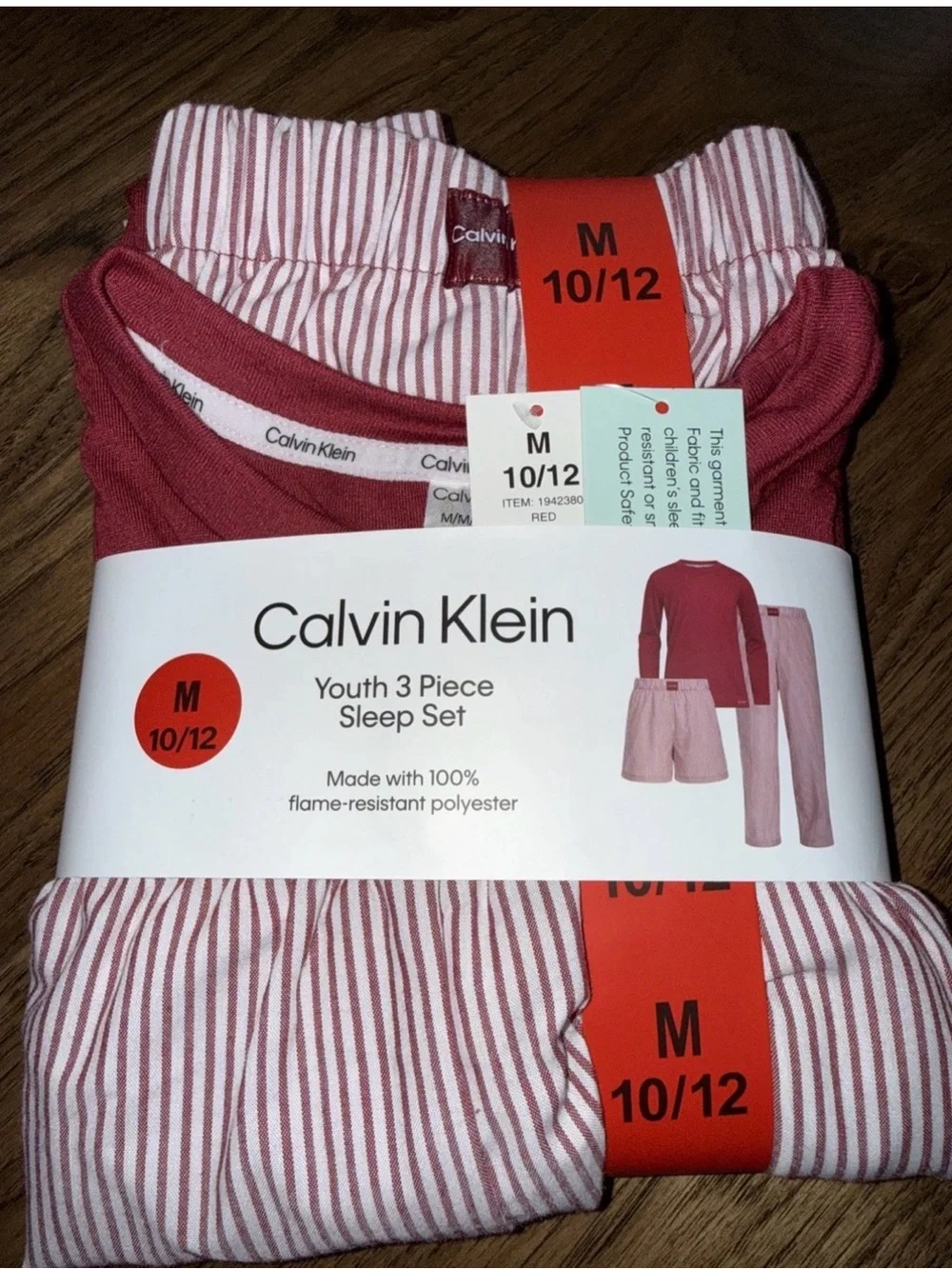 Calvin Klein NWT Girls 3-Piece Red Stripe Pajama Set Size M 10/12- 001*